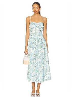 ASTR the Label Capria Midi Dress Floral Blue, Green, White Spaghetti-Strap